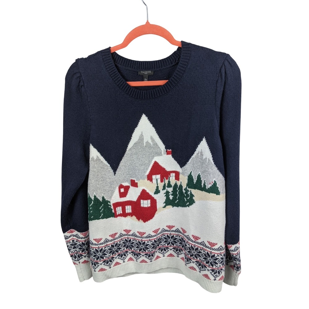 Talbots Petite XL Navy Winter Cabin Mountain Scene Fair Isle Christmas Sweater
